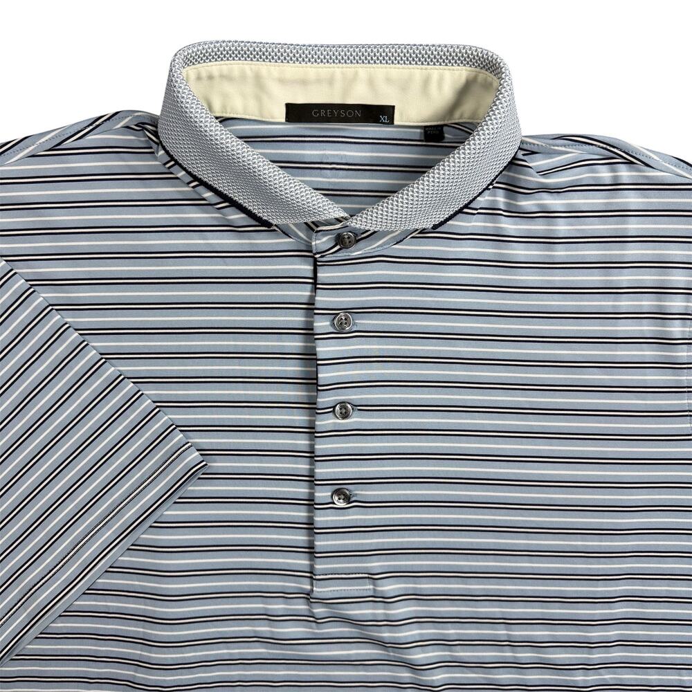 Greyson Men’s XL Light Blue Navy White Striped Golf Polo Performance Stretch